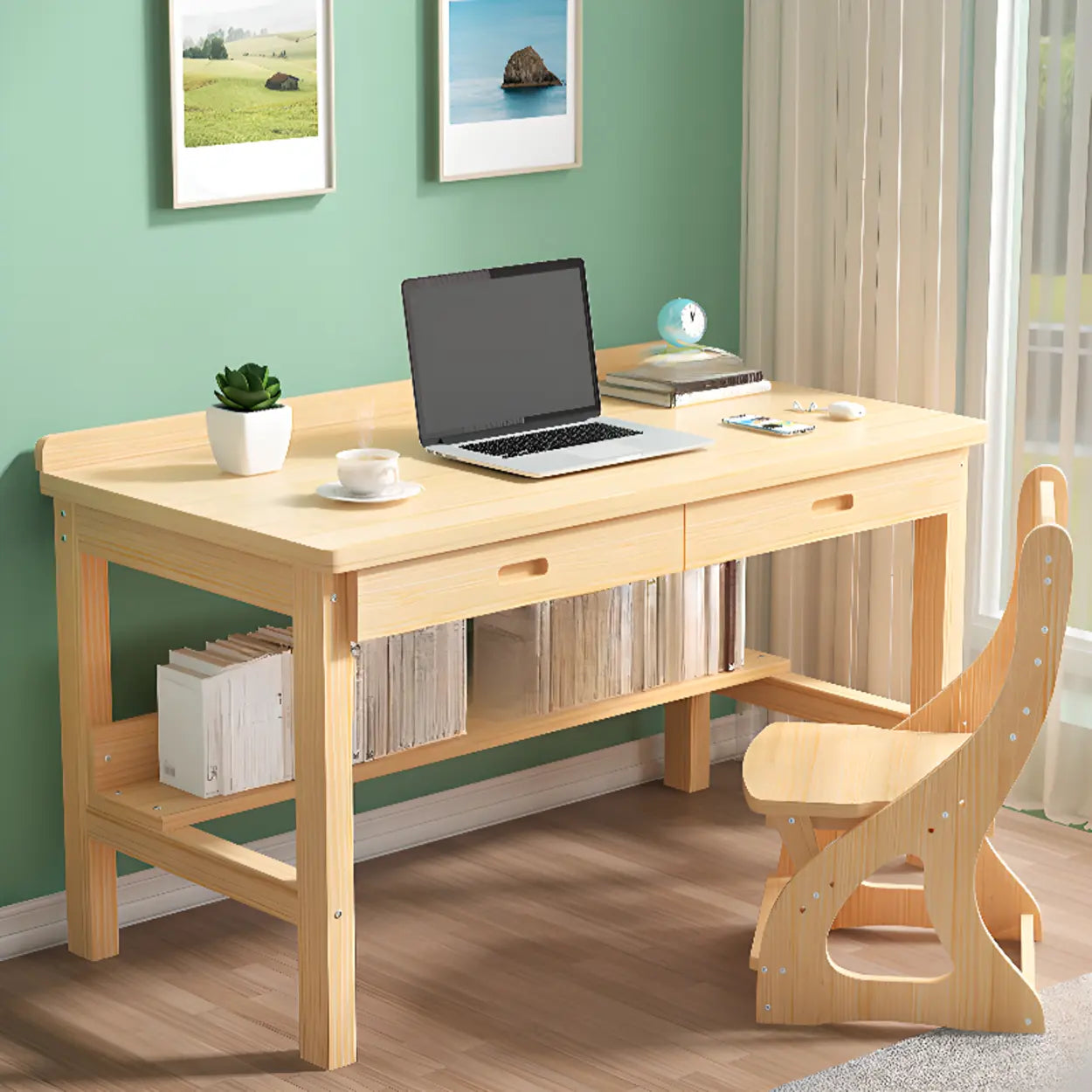 Natural Pine Wood Drawer H-Shape Writing Desk