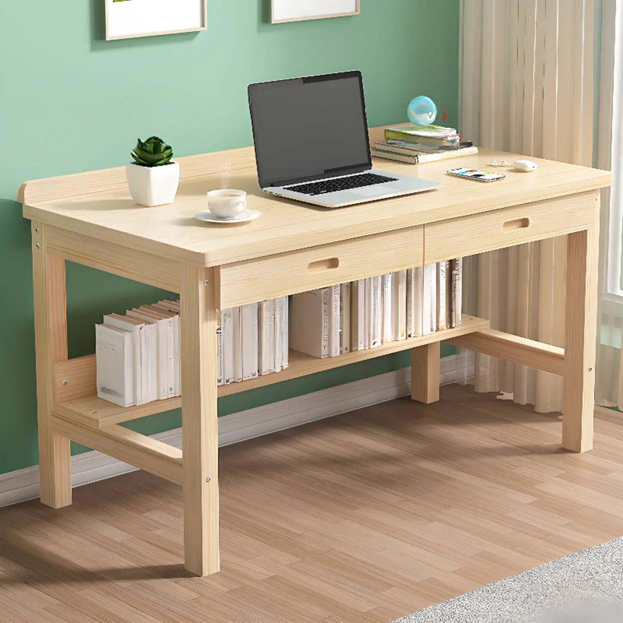 Natural Pine Wood Drawer H-Shape Writing Desk — Light Wood / Table Only