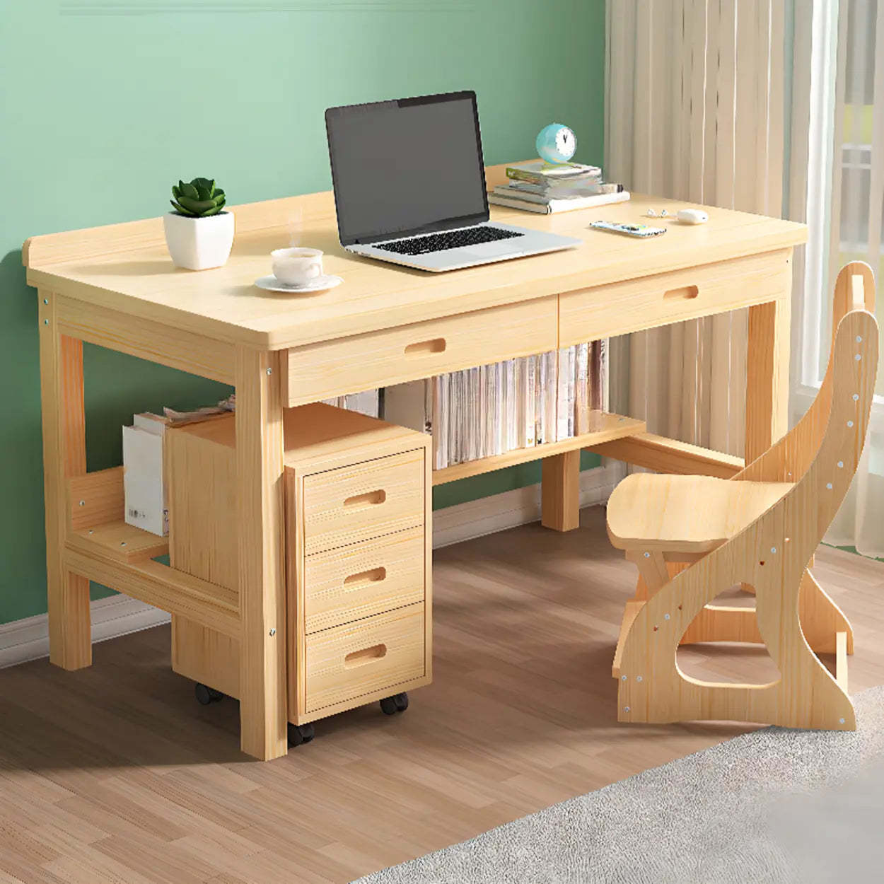 Natural Pine Wood Drawer H-Shape Writing Desk — Light Wood / Table Only