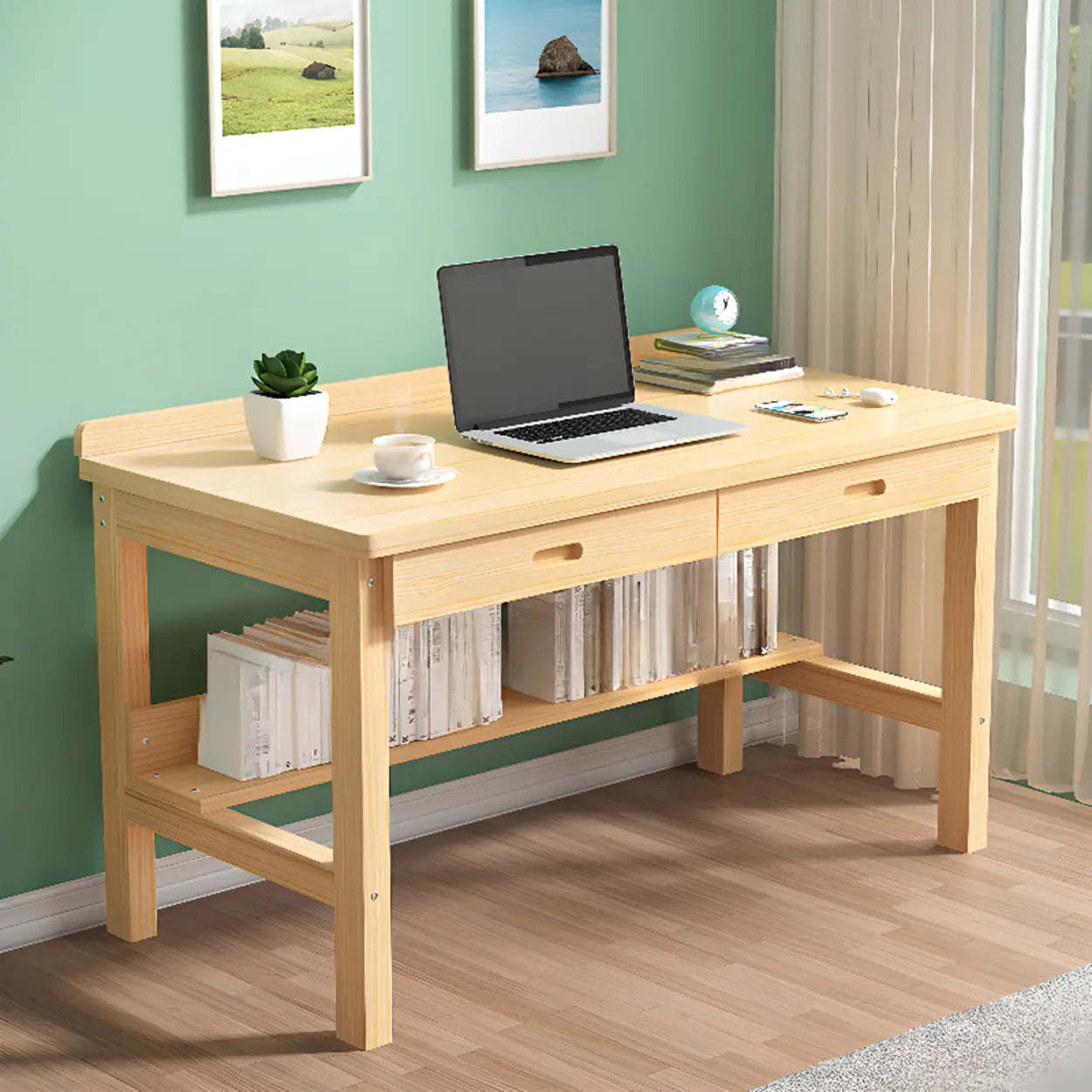 Natural Pine Wood Drawer H-Shape Writing Desk — Natural / Table Only