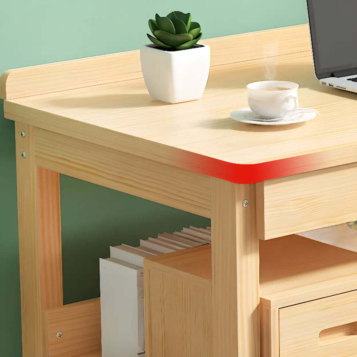 Natural Pine Wood Drawer H-Shape Writing Desk — Natural / Table Only