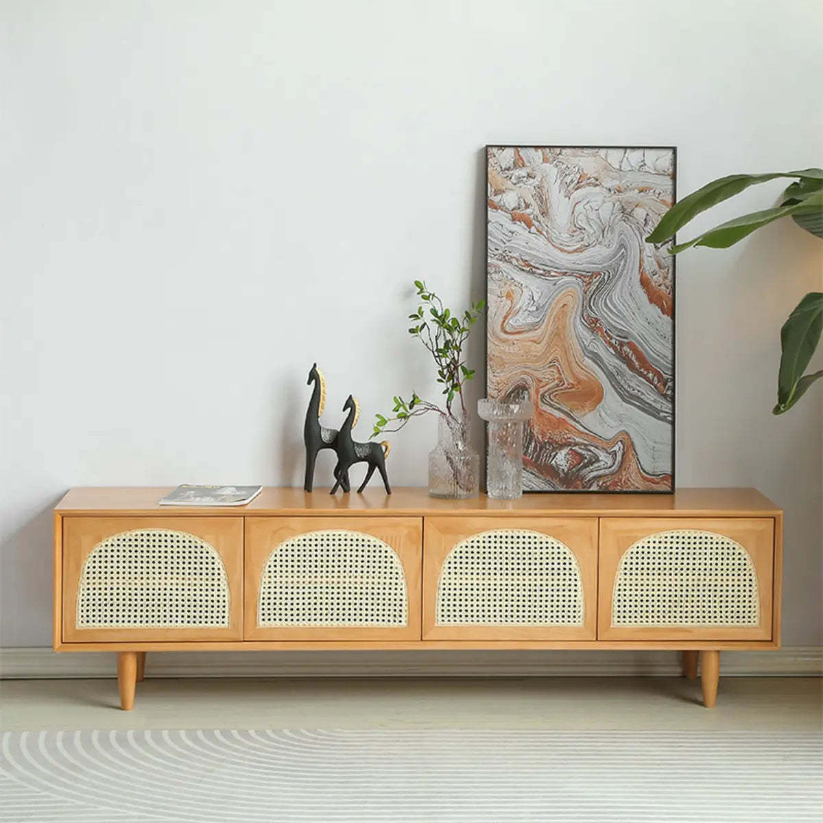 Natural Pine Wood 1-Tier Rectangular TV Stand — Cherry Wood
