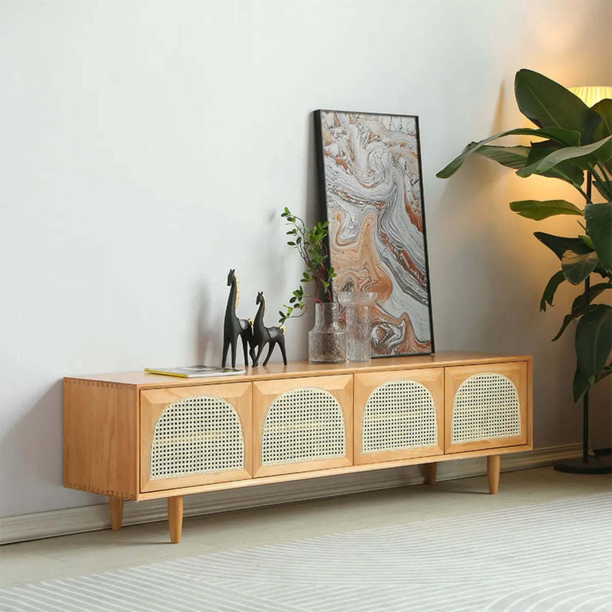 Natural Pine Wood 1-Tier Rectangular TV Stand — Cherry Wood