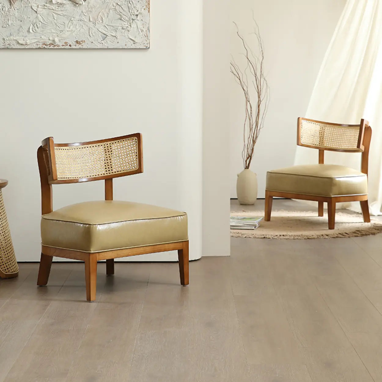 Natural Rattan Low Back Beige Leather Lounge Chair
