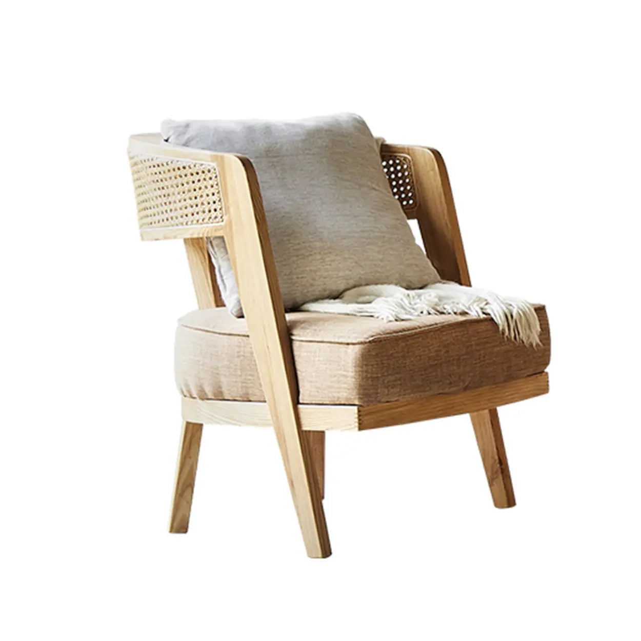 Natural Rattan Low Back Beige Leather Lounge Chair