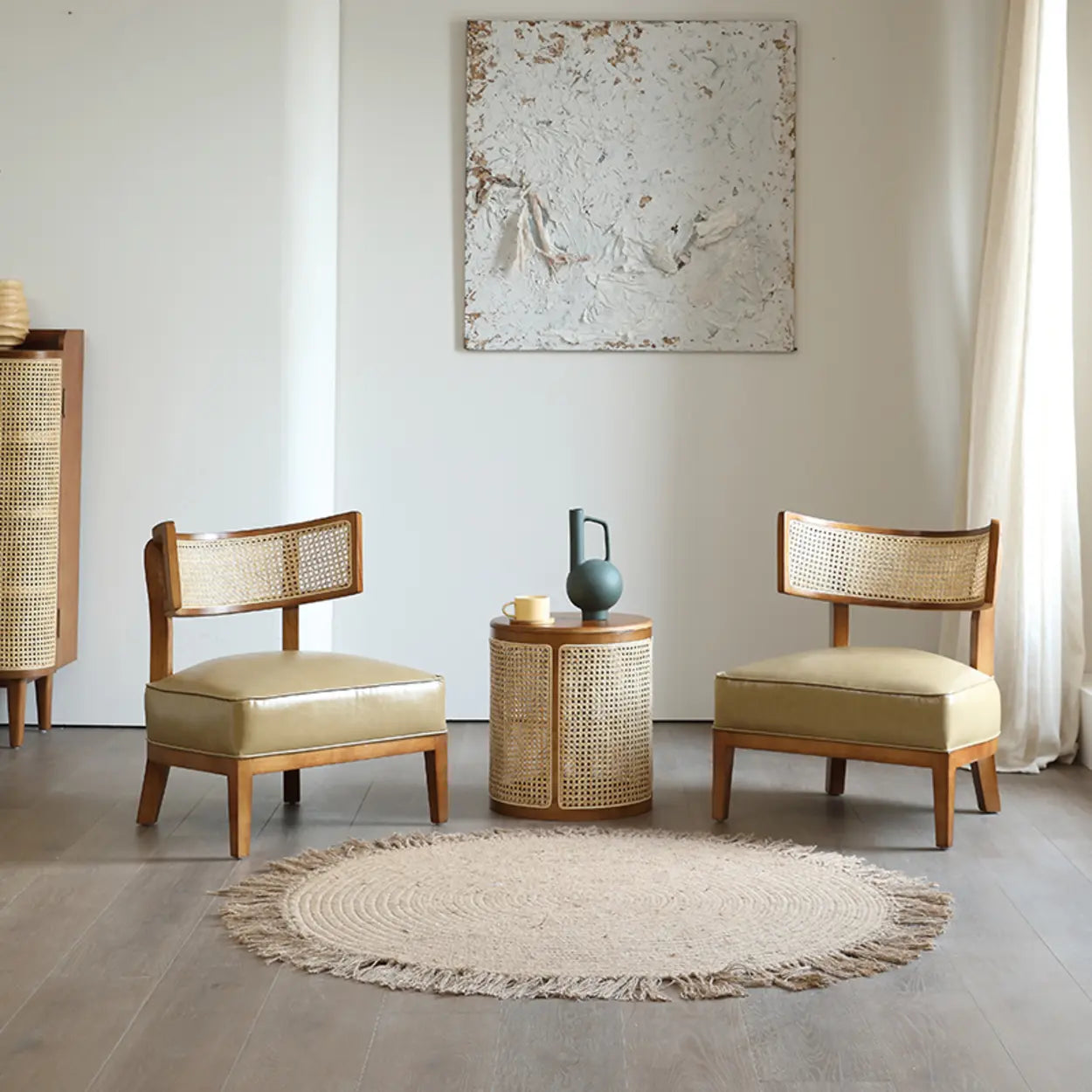 Natural Rattan Low Back Beige Leather Lounge Chair