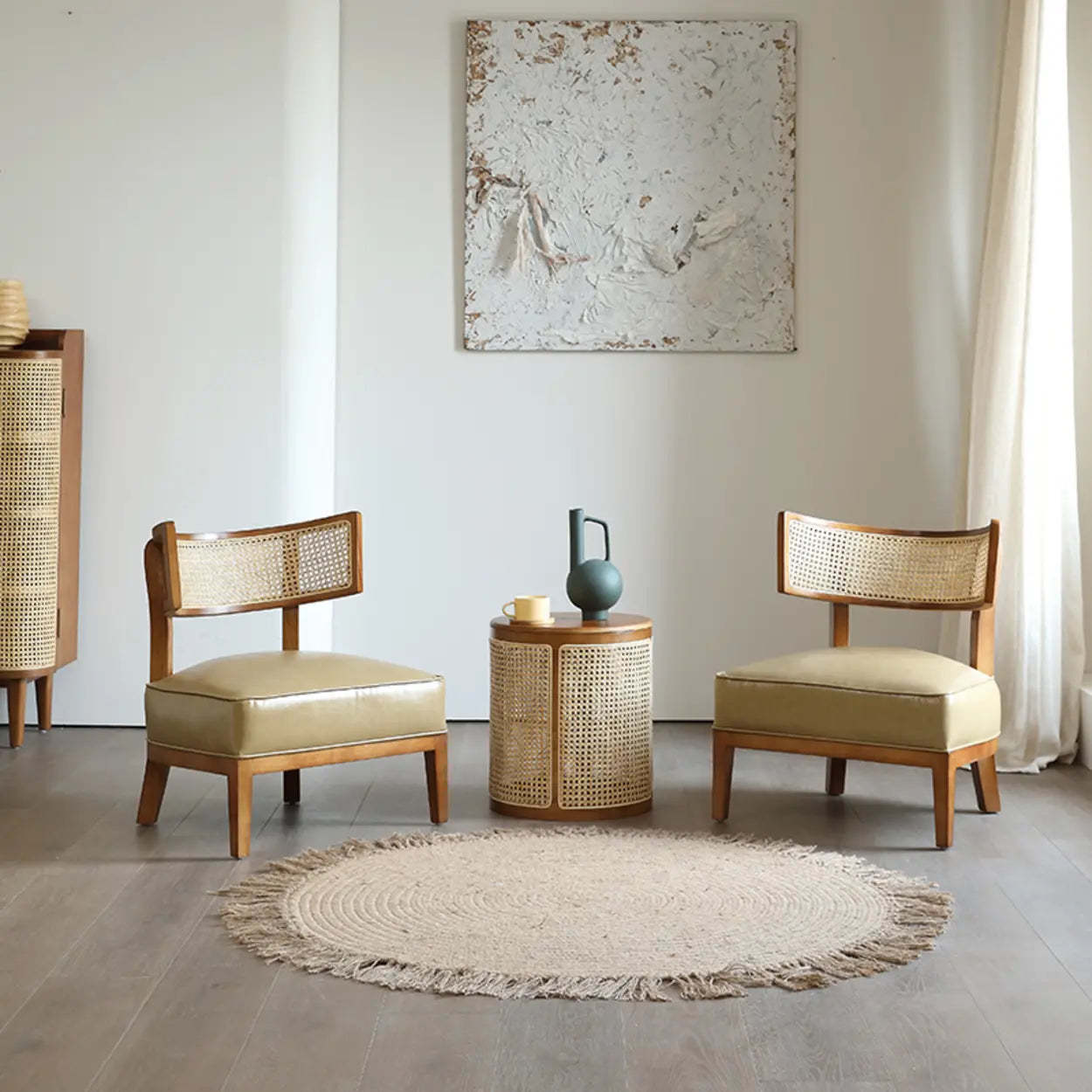 Natural Rattan Low Back Beige Leather Lounge Chair