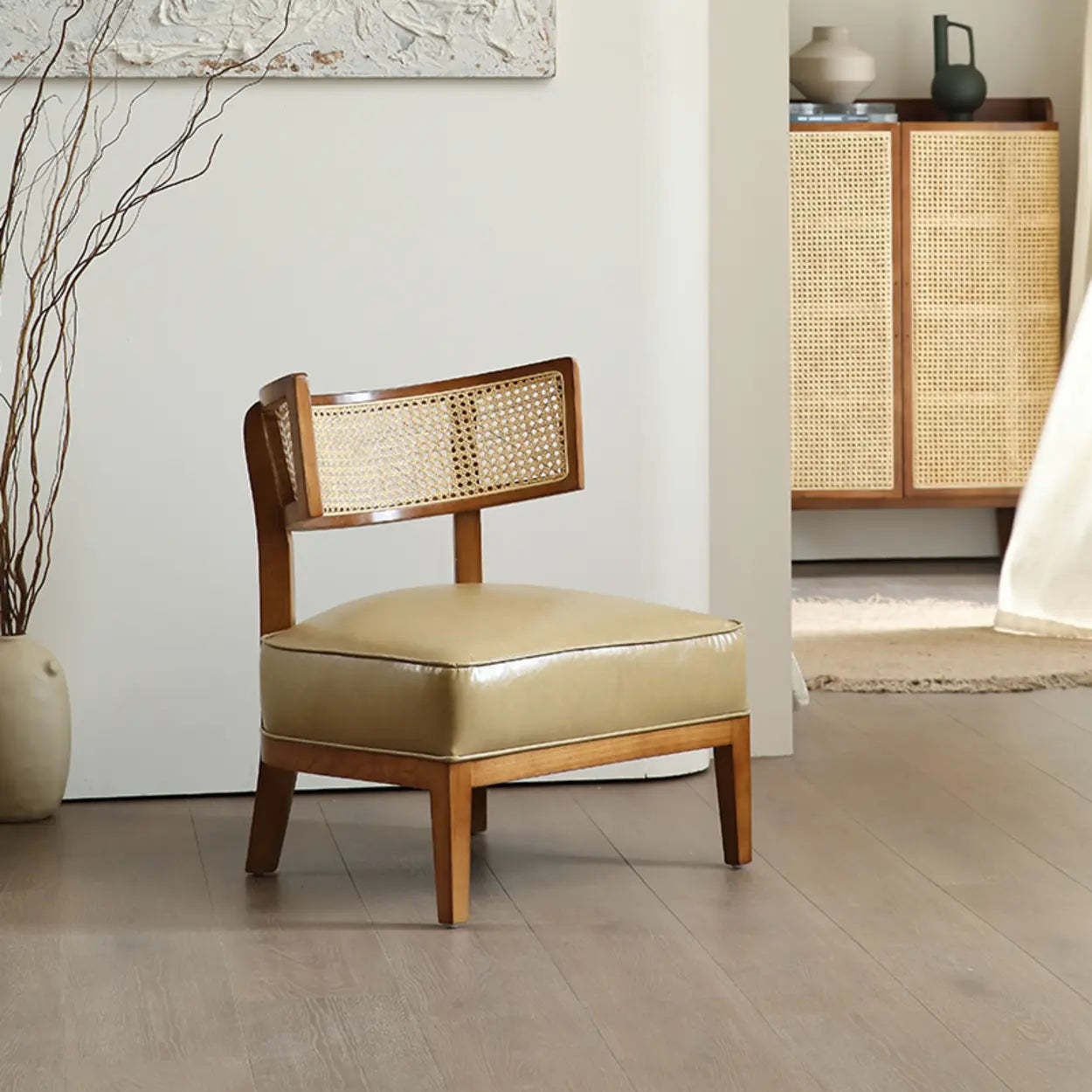 Natural Rattan Low Back Beige Leather Lounge Chair