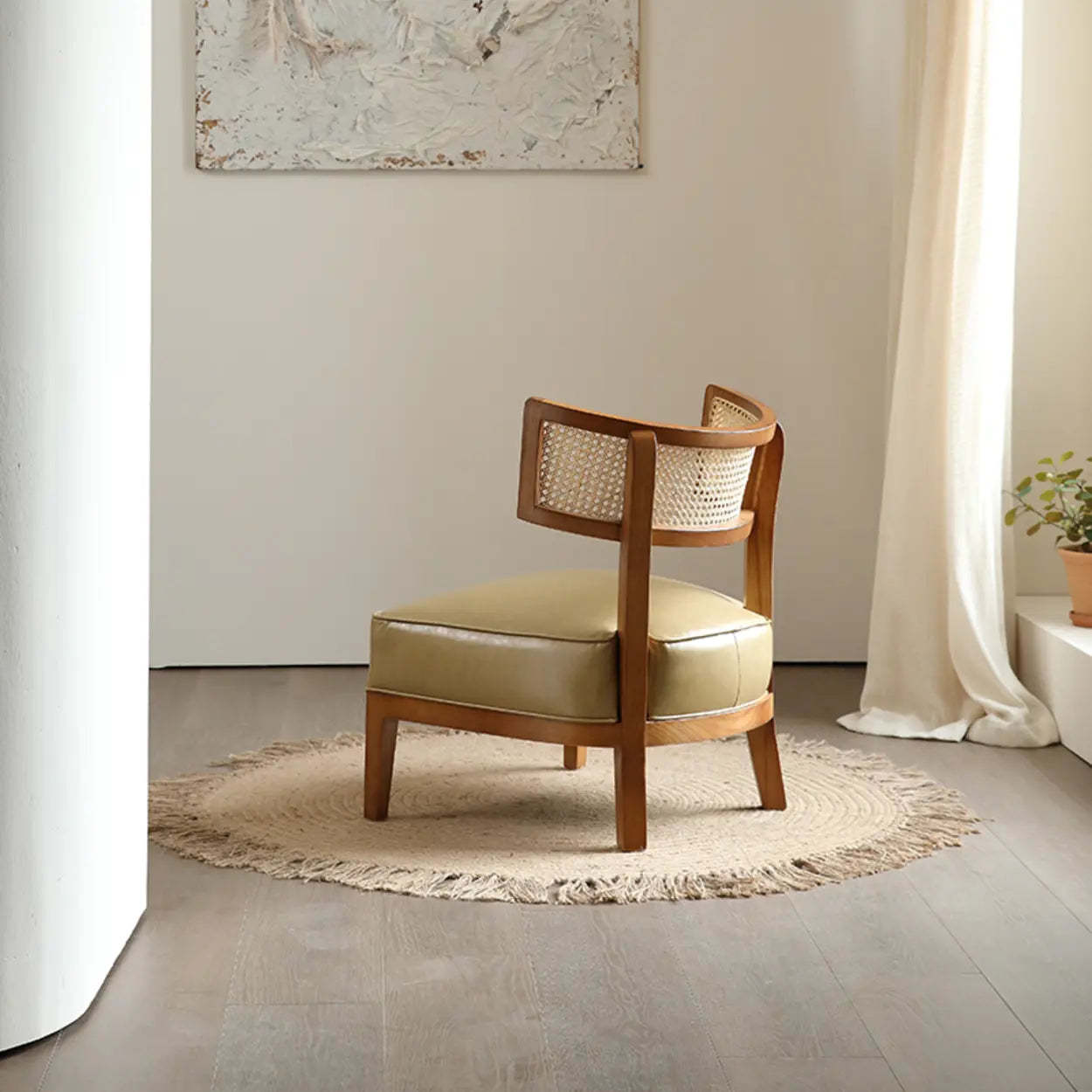 Natural Rattan Low Back Beige Leather Lounge Chair