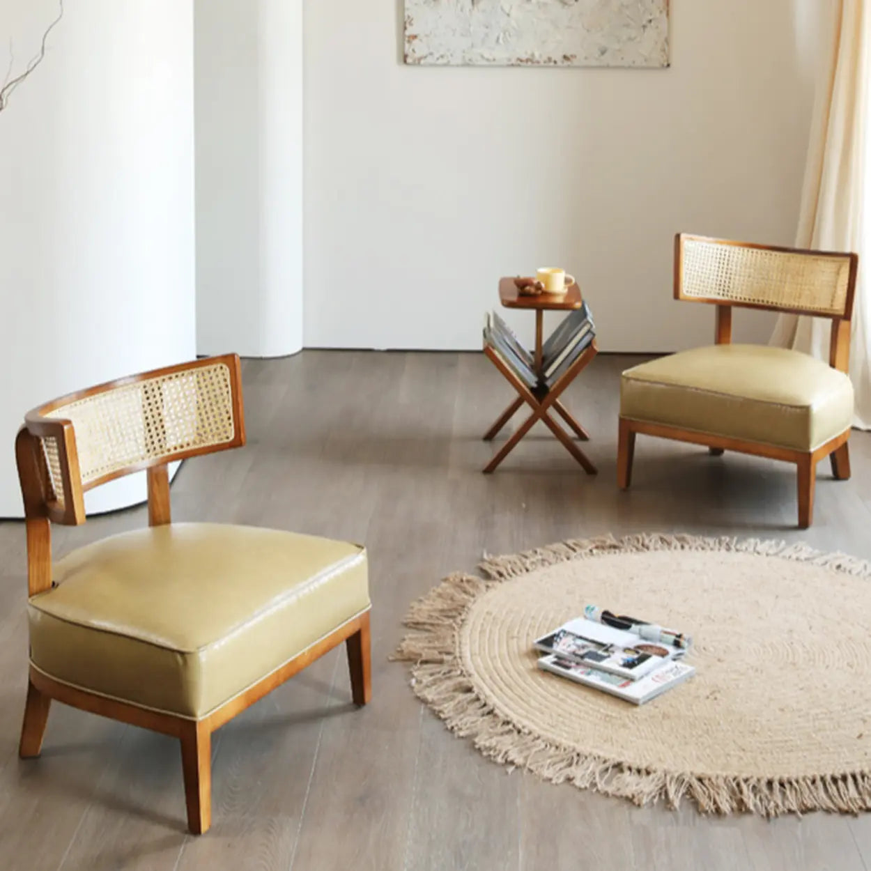 Natural Rattan Low Back Beige Leather Lounge Chair