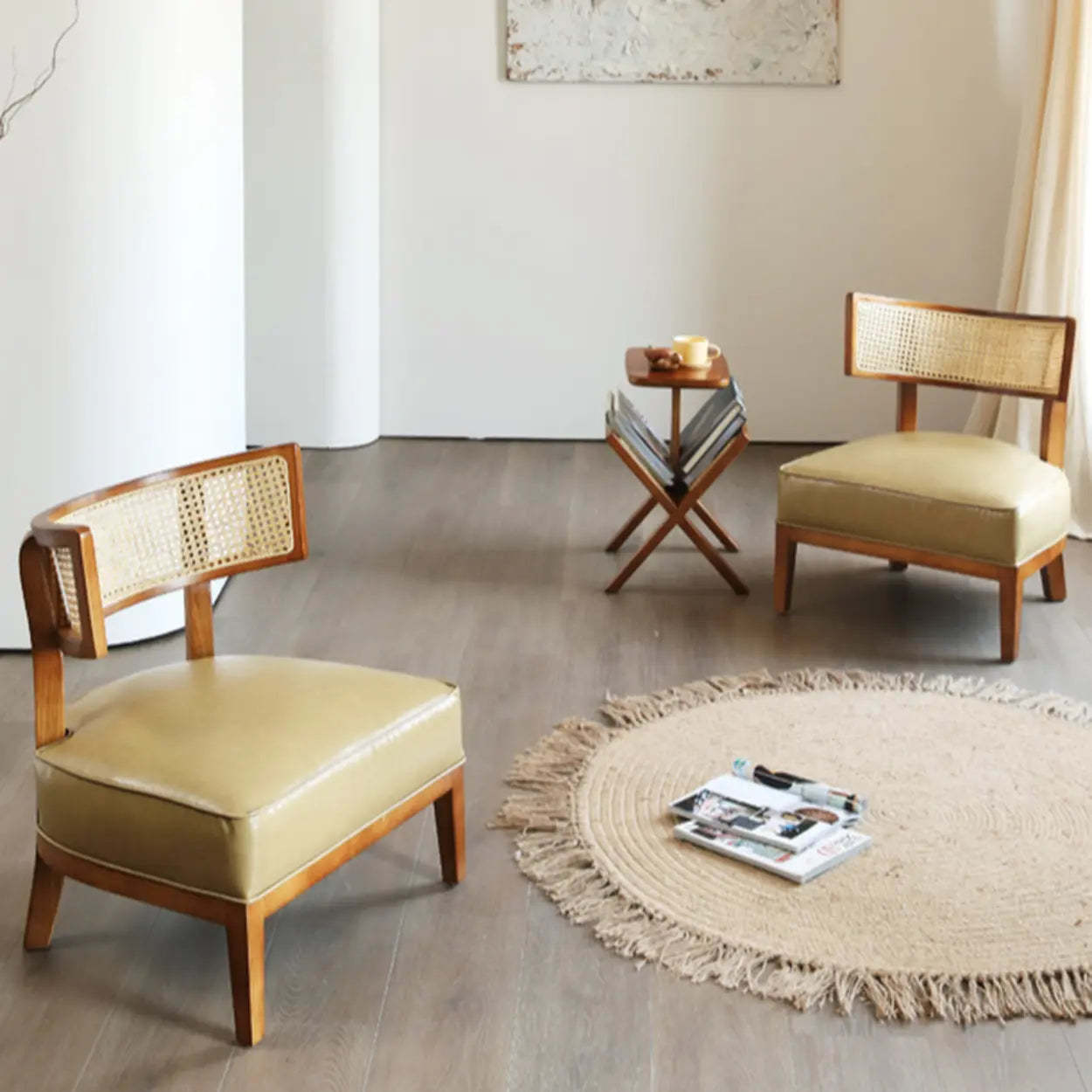 Natural Rattan Low Back Beige Leather Lounge Chair