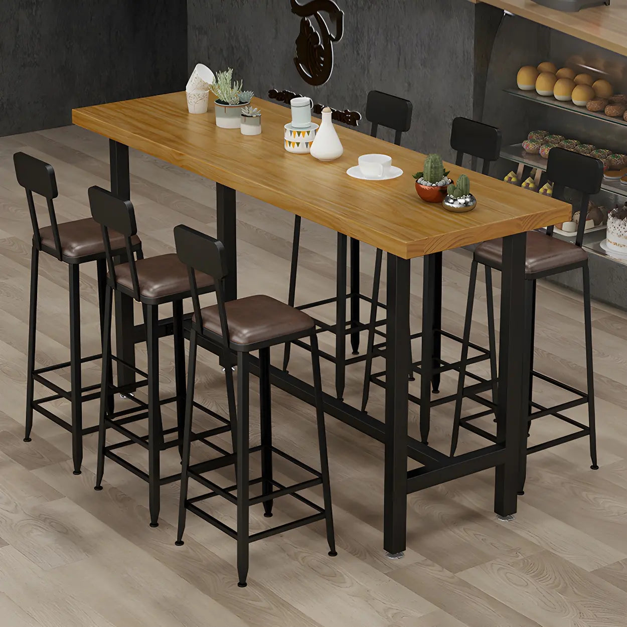 Natural Wood Rectangular Bistro Bar Table with Footrest — Table Only