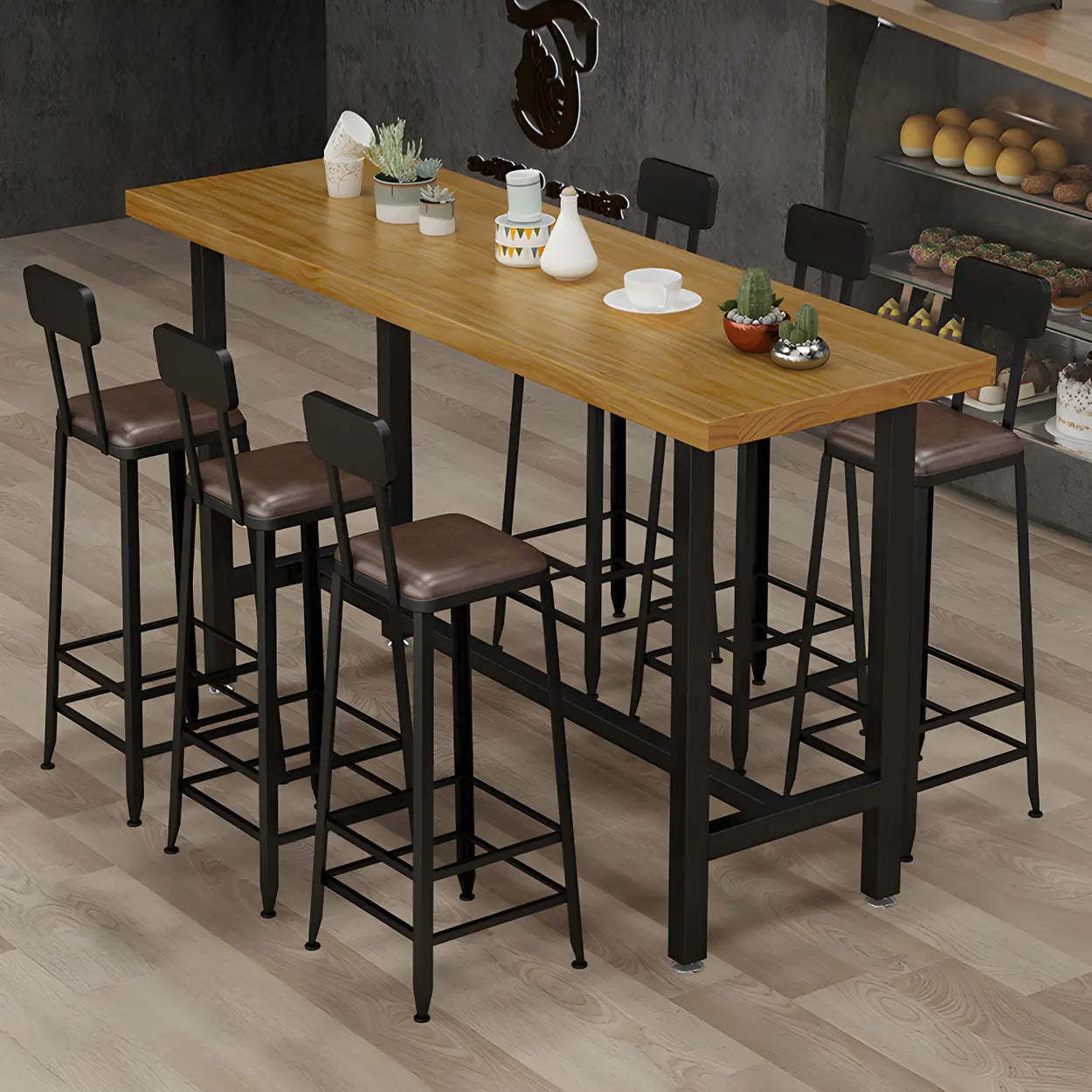 Natural Wood Rectangular Bistro Bar Table with Footrest — Table Only