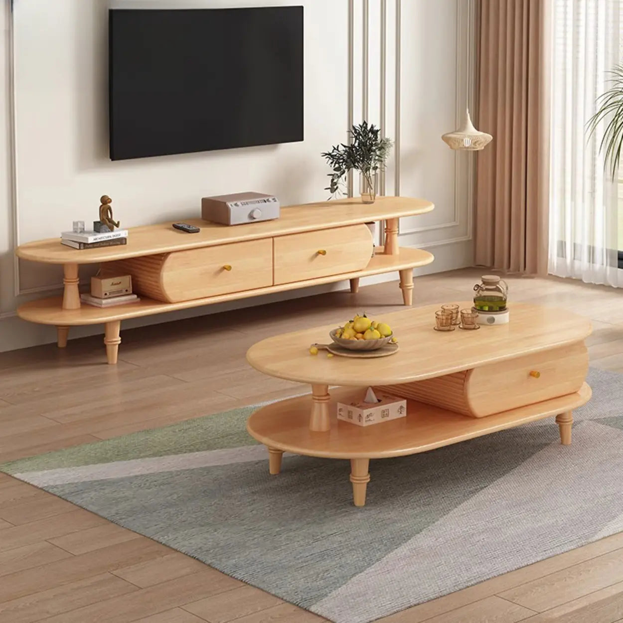 Natural Wood Rectangular Long Open Storage TV Stand