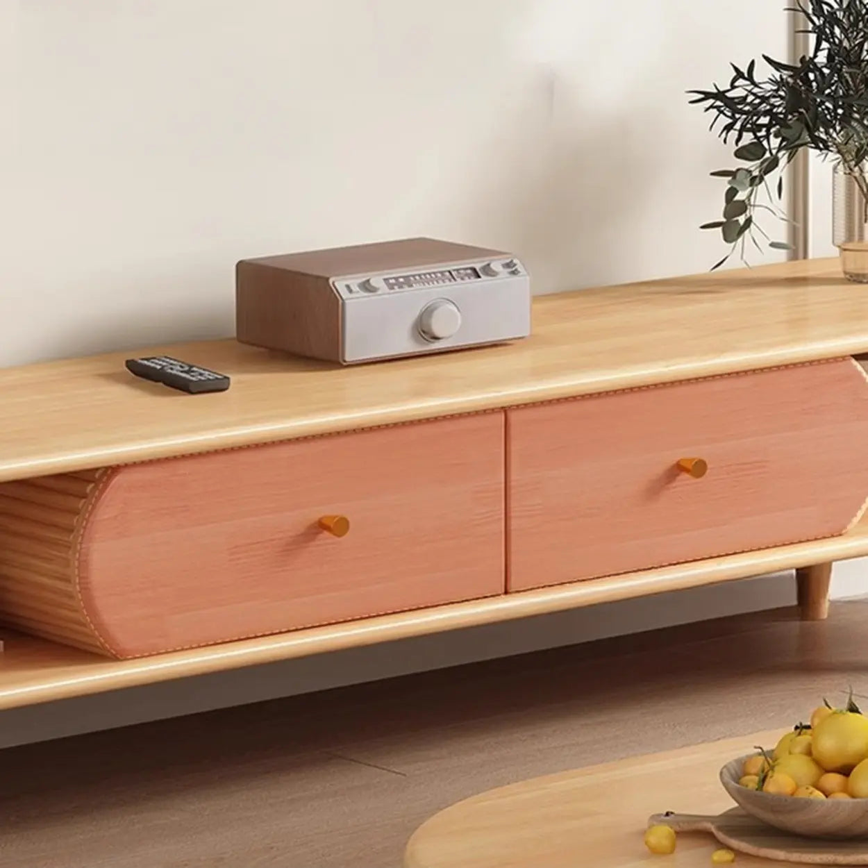 Natural Wood Rectangular Long Open Storage TV Stand