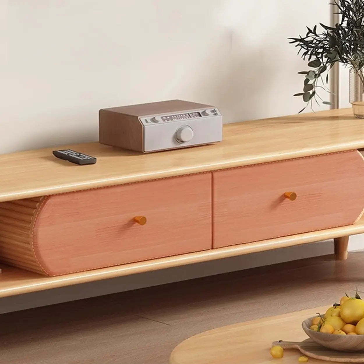 Natural Wood Rectangular Long Open Storage TV Stand