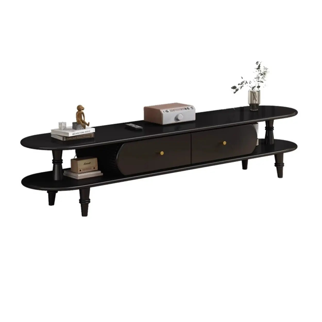 Natural Wood Rectangular Long Open Storage TV Stand — Nut-Brown