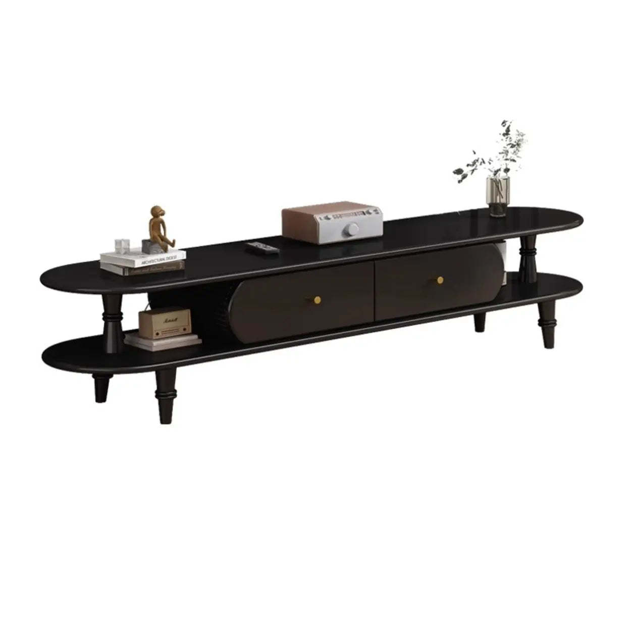 Natural Wood Rectangular Long Open Storage TV Stand — Nut-Brown