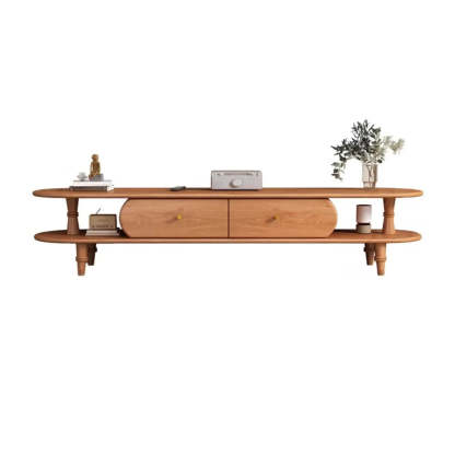 Natural Wood Rectangular Long Open Storage TV Stand — Cherry