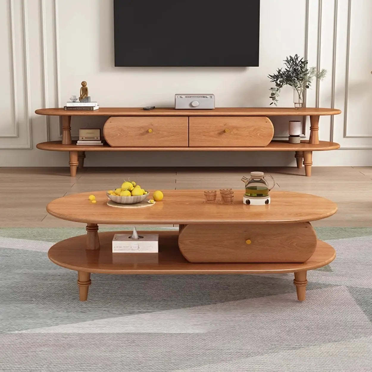 Natural Wood Rectangular Long Open Storage TV Stand