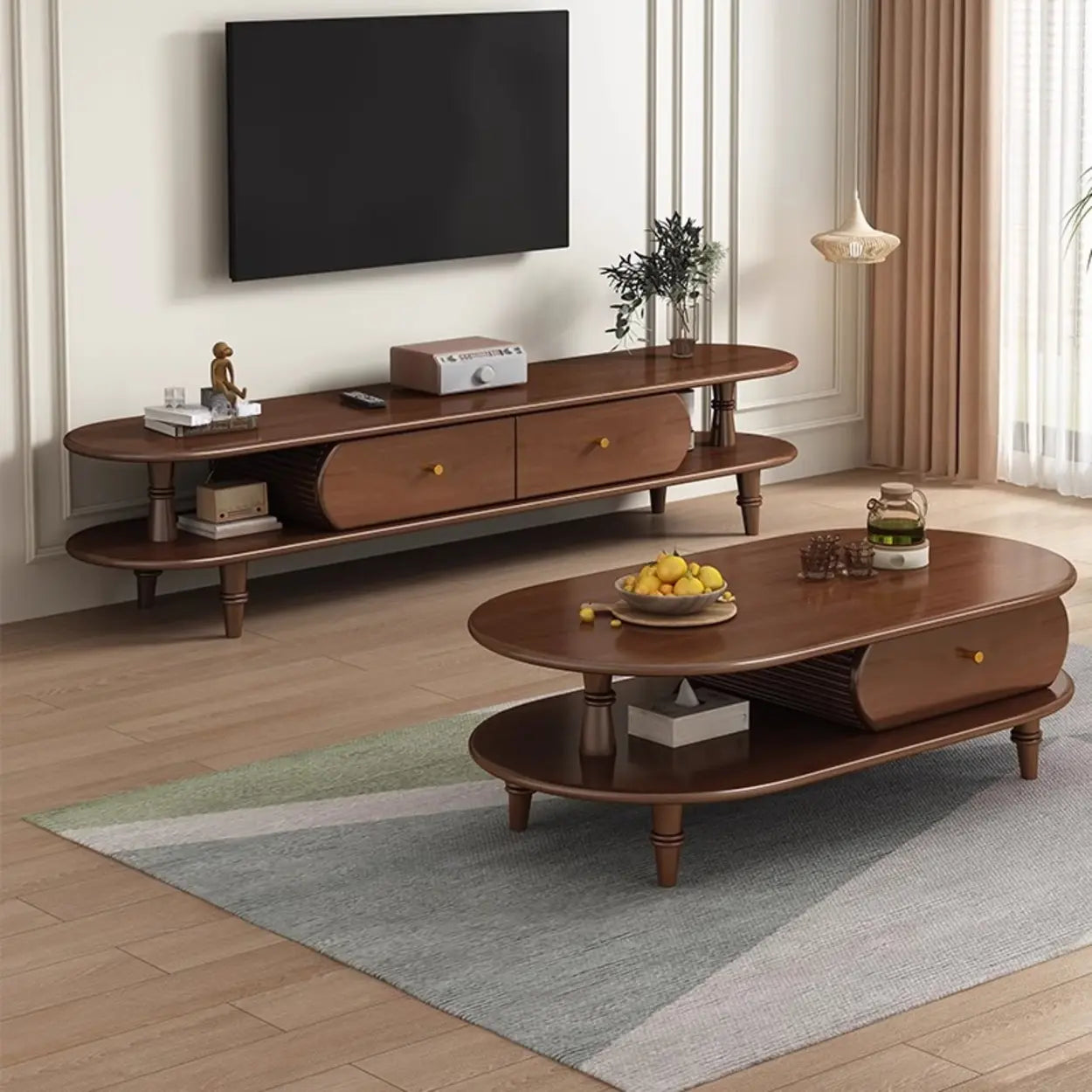 Natural Wood Rectangular Long Open Storage TV Stand