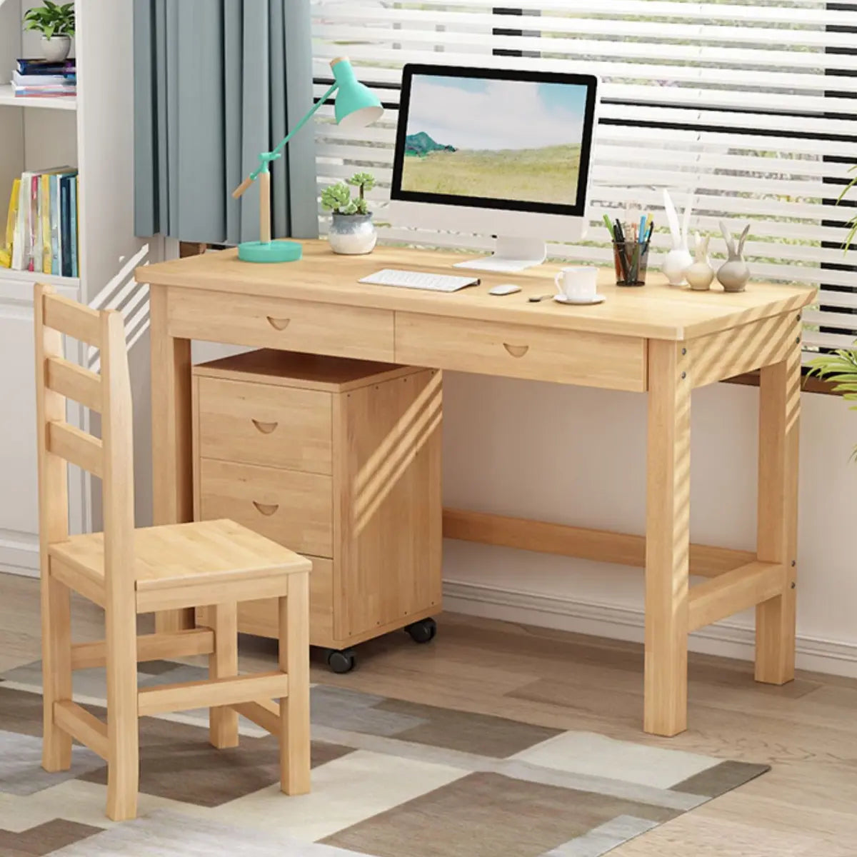 Natural Wood Rectangle Soft-Close Drawer Desk