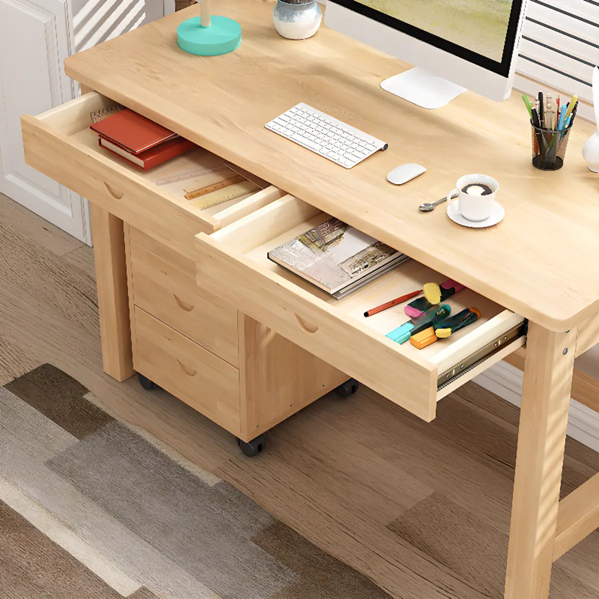 Natural Wood Rectangle Soft-Close Drawer Desk