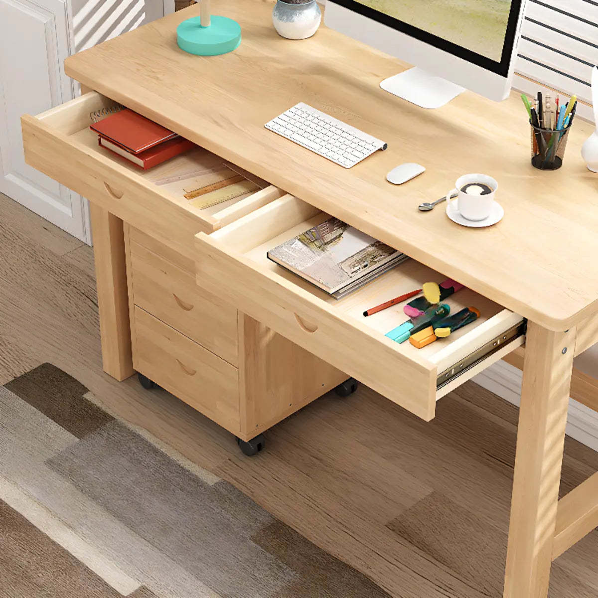 Natural Wood Rectangle Soft-Close Drawer Desk