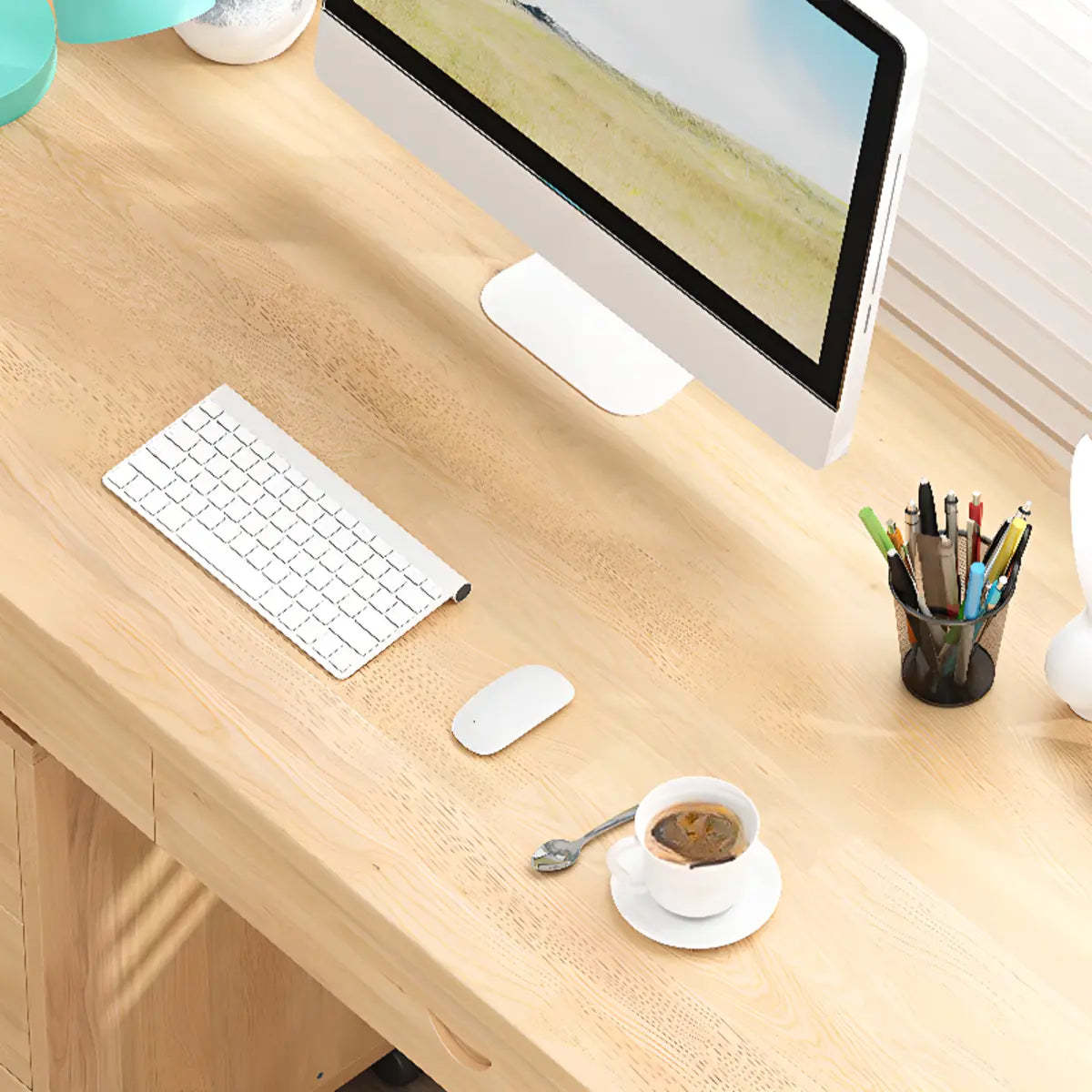 Natural Wood Rectangle Soft-Close Drawer Desk