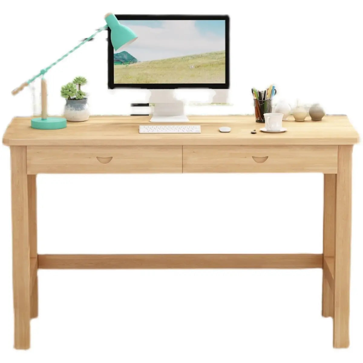 Natural Wood Rectangle Soft-Close Drawer Desk — Without Chairs