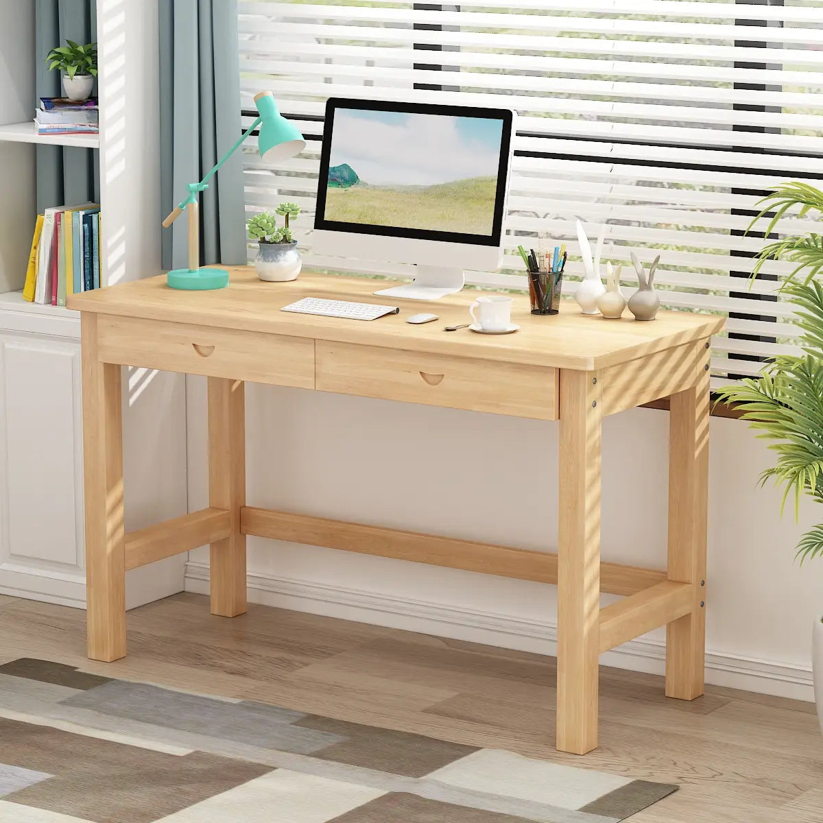 Natural Wood Rectangle Soft-Close Drawer Desk — Without Chairs