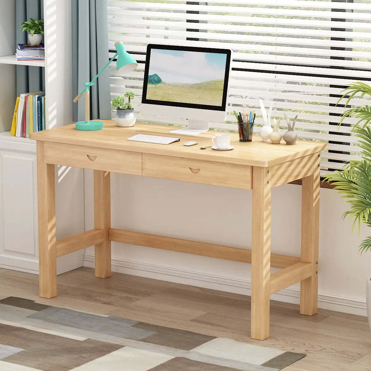 Natural Wood Rectangle Soft-Close Drawer Desk — Without Chairs
