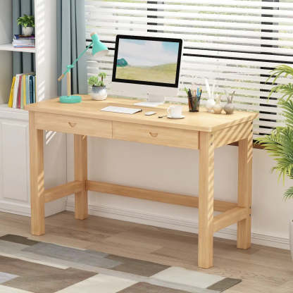Natural Wood Rectangle Soft-Close Drawer Desk — Without Chairs
