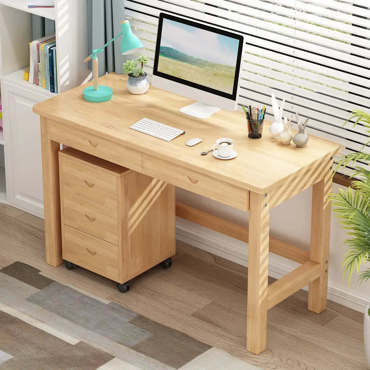Natural Wood Rectangle Soft-Close Drawer Desk