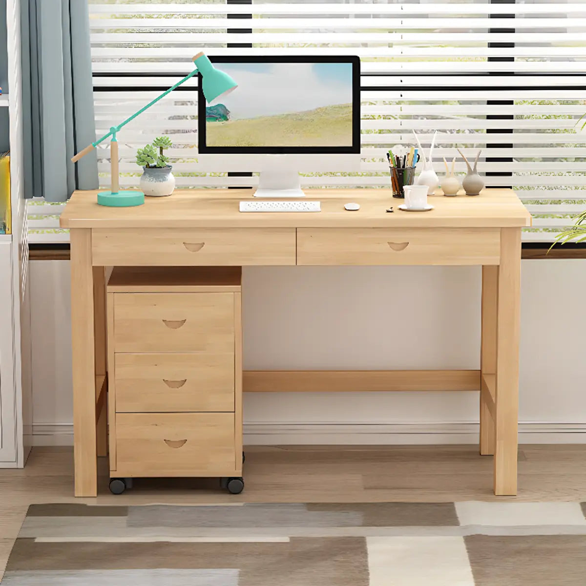 Natural Wood Rectangle Soft-Close Drawer Desk