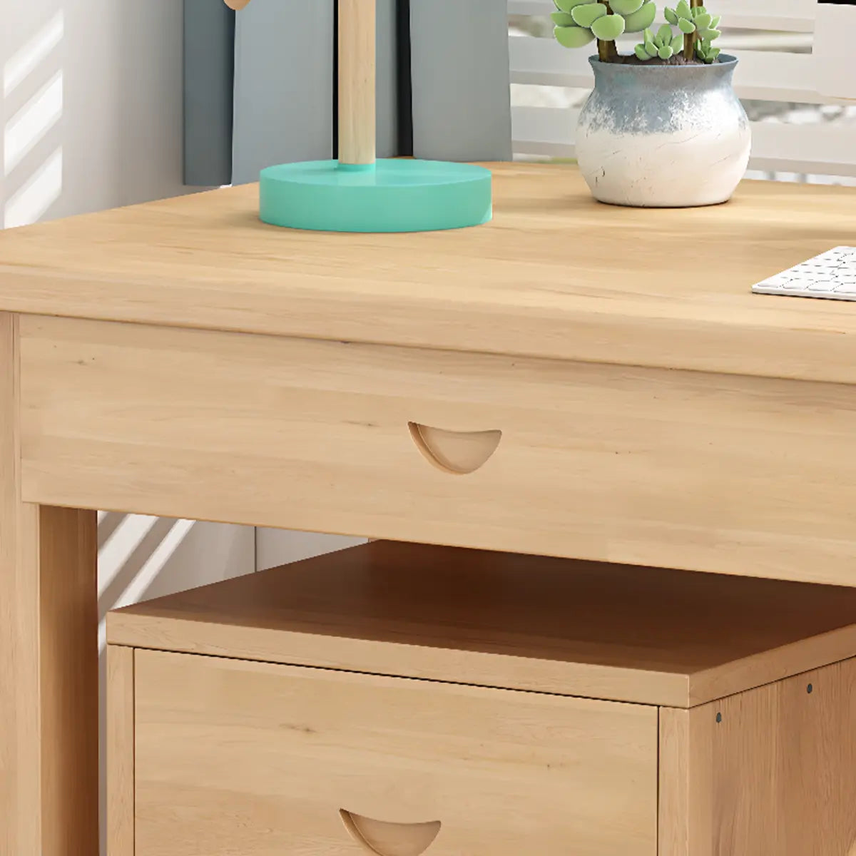 Natural Wood Rectangle Soft-Close Drawer Desk