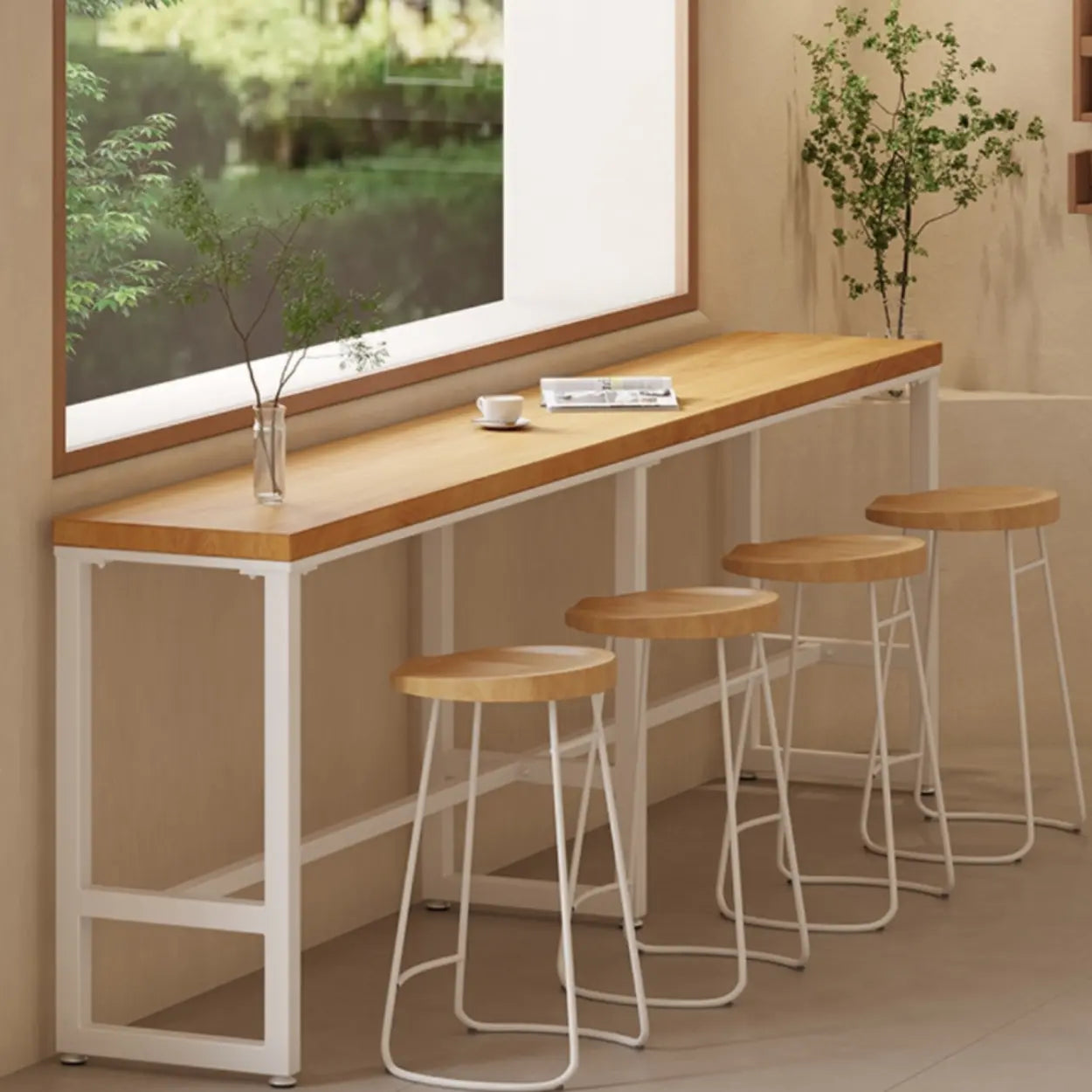 Natural Rectangular Wood Long Bar Table Metal Legs — Table Only
