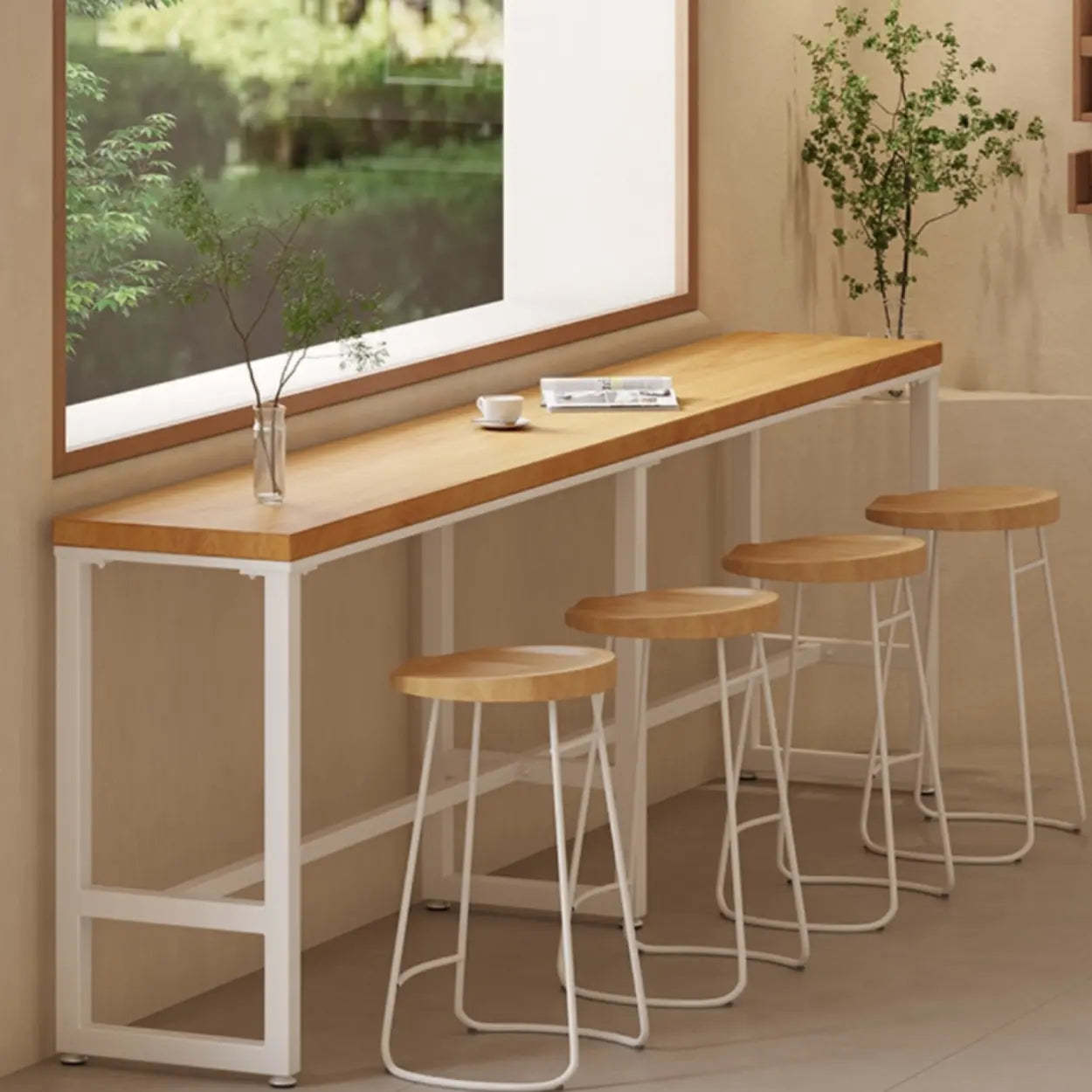 Natural Rectangular Wood Long Bar Table Metal Legs — Table Only