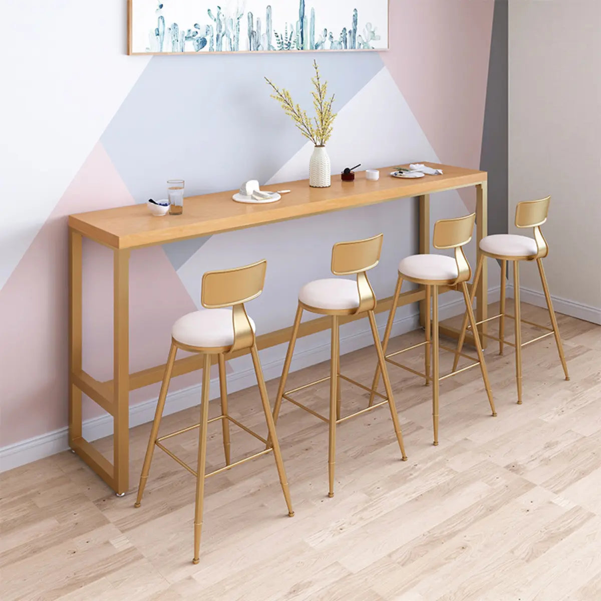 Natural Wood Tall Pub Bar Table with Footrest — Brown / Without Chairs