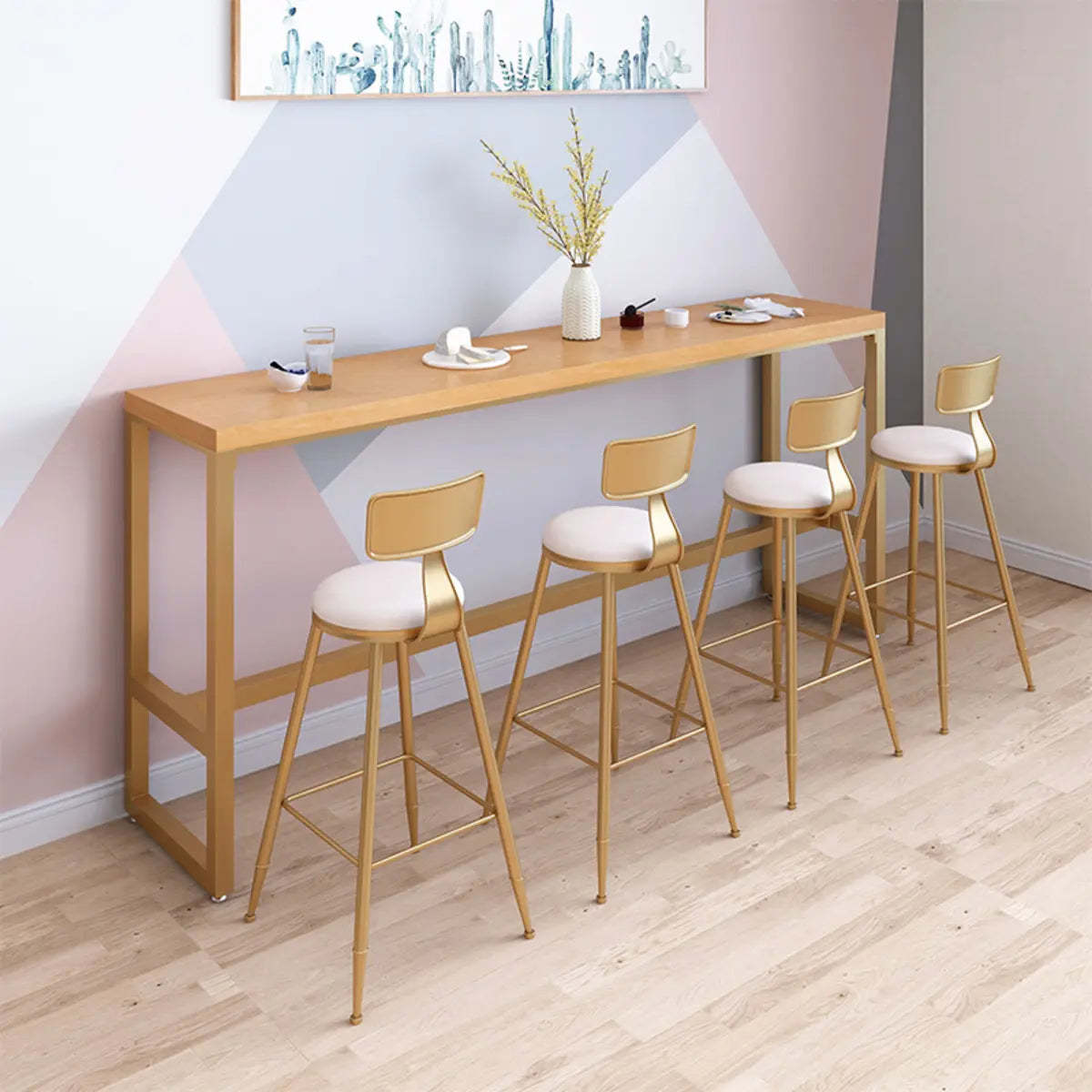 Natural Wood Tall Pub Bar Table with Footrest — Brown / Without Chairs