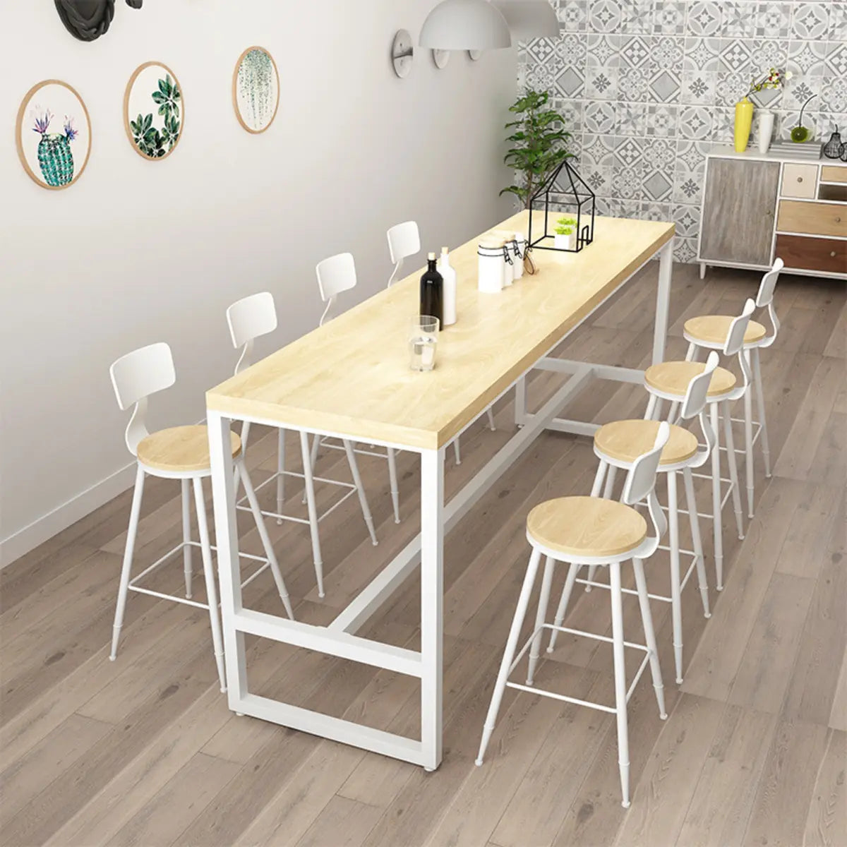Natural Wood Tall Pub Bar Table with Footrest — Brown / Without Chairs