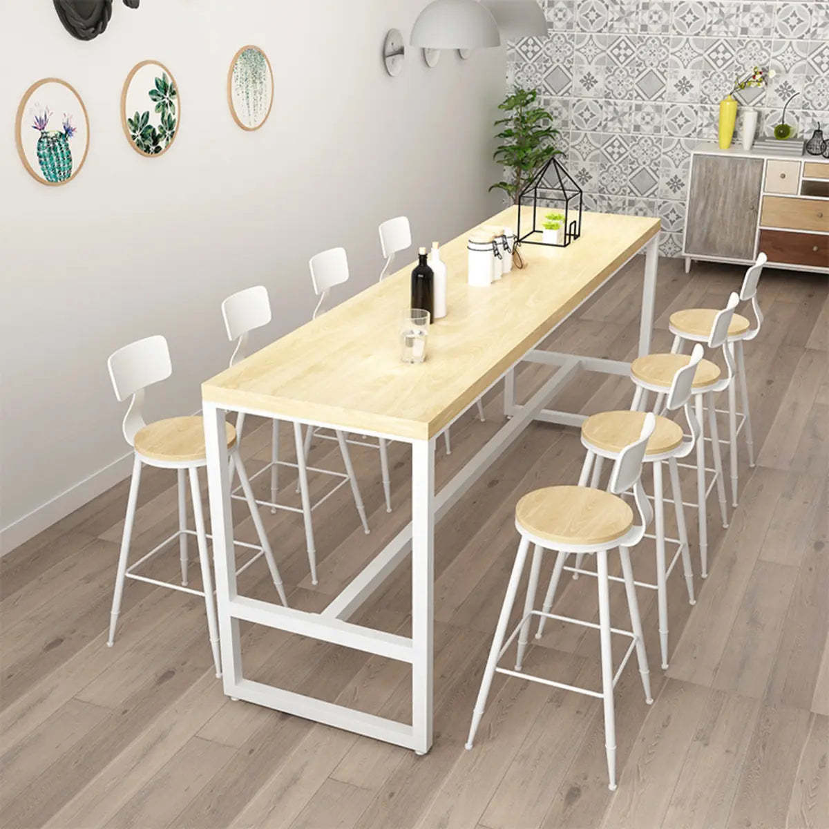 Natural Wood Tall Pub Bar Table with Footrest — Brown / Without Chairs