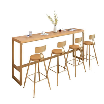 Natural Wood Tall Pub Bar Table with Footrest — Brown / Without Chairs