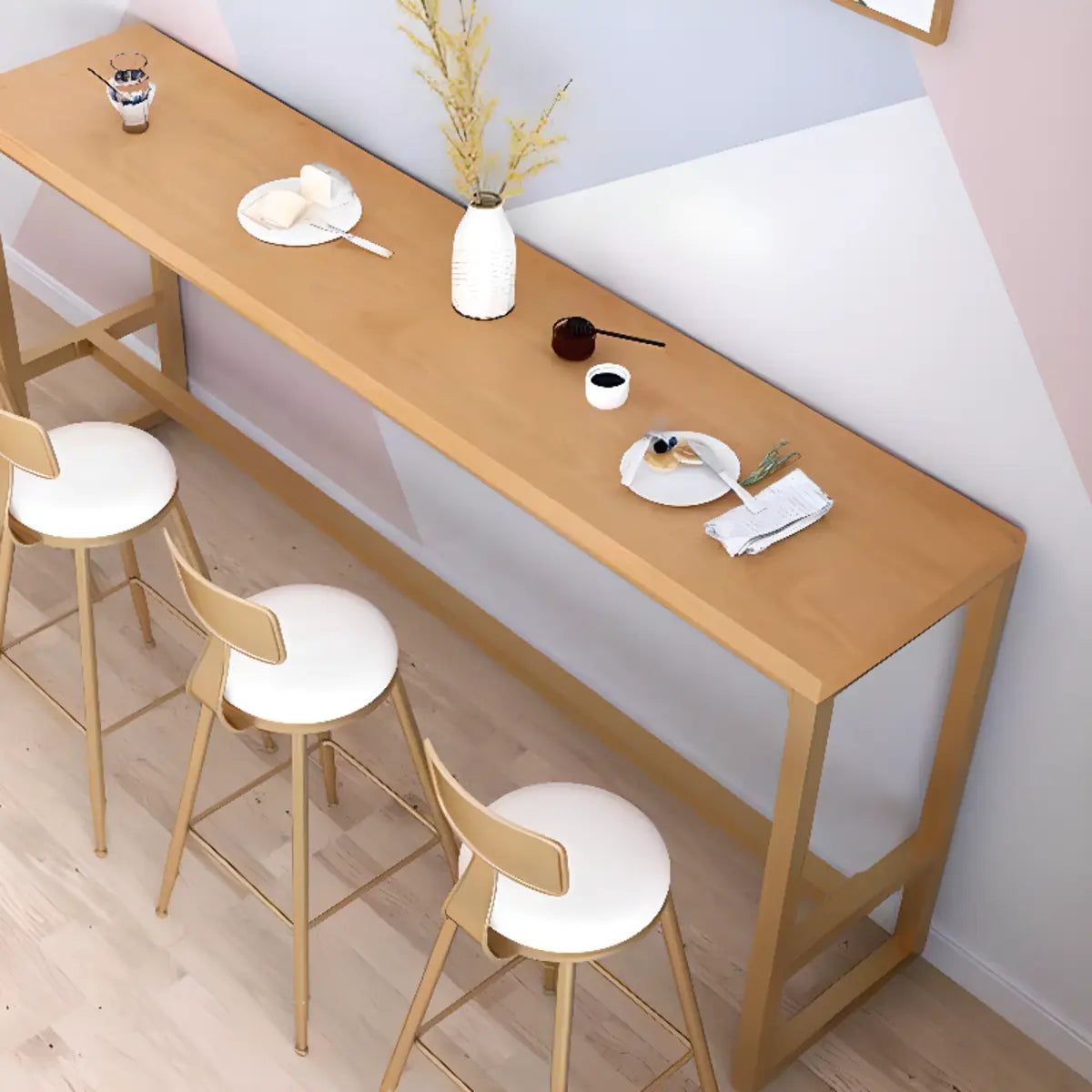 Natural Wood Tall Pub Bar Table with Footrest — Natural Finish / Without Chairs