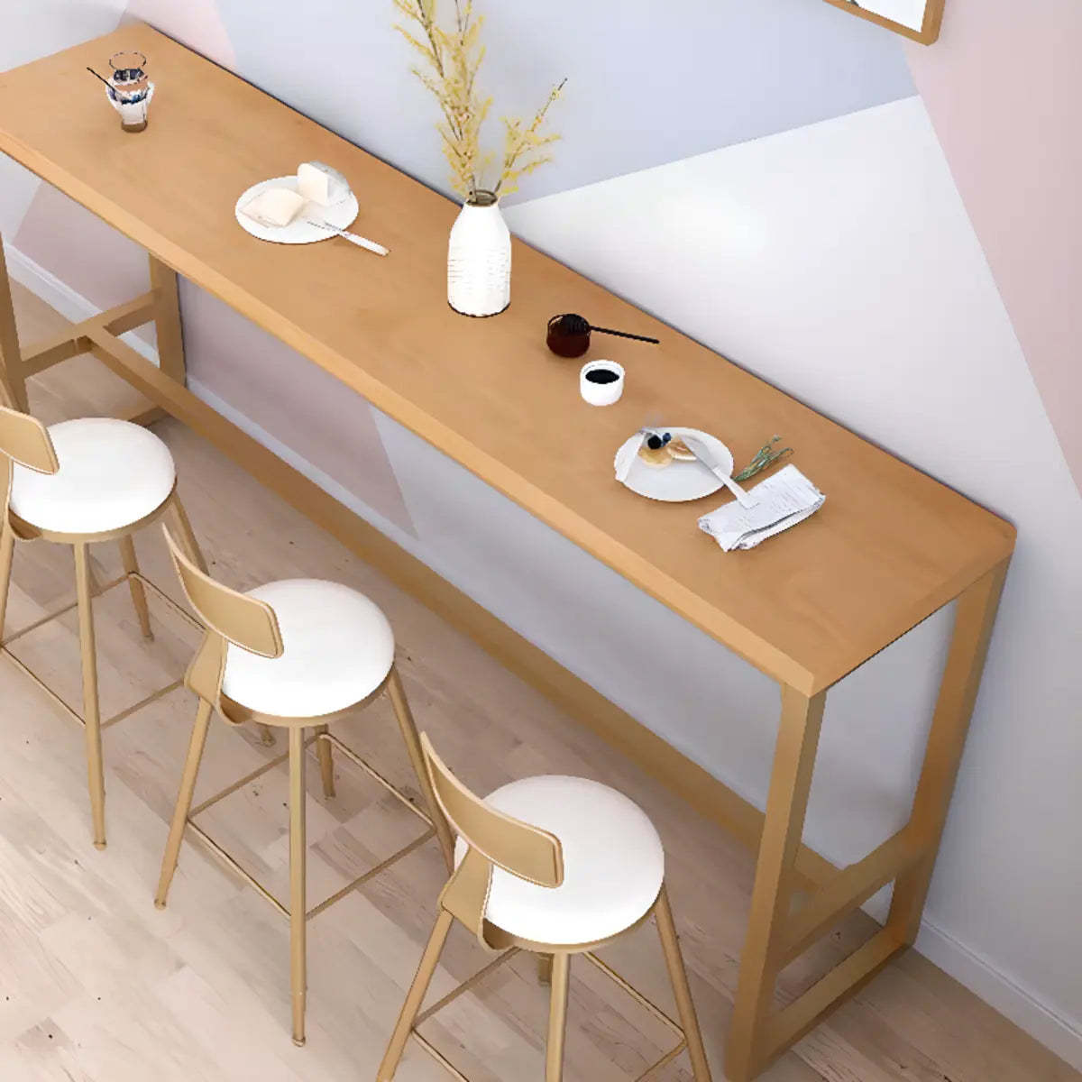 Natural Wood Tall Pub Bar Table with Footrest — Natural Finish / Without Chairs