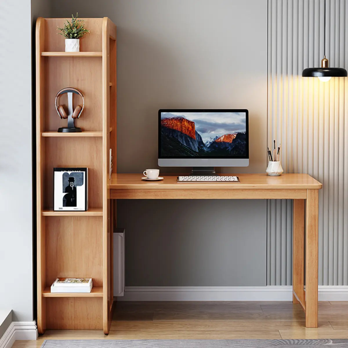 Natural Rubberwood Writing Desk with Side Storage — Without Chairs / Natural Finish
