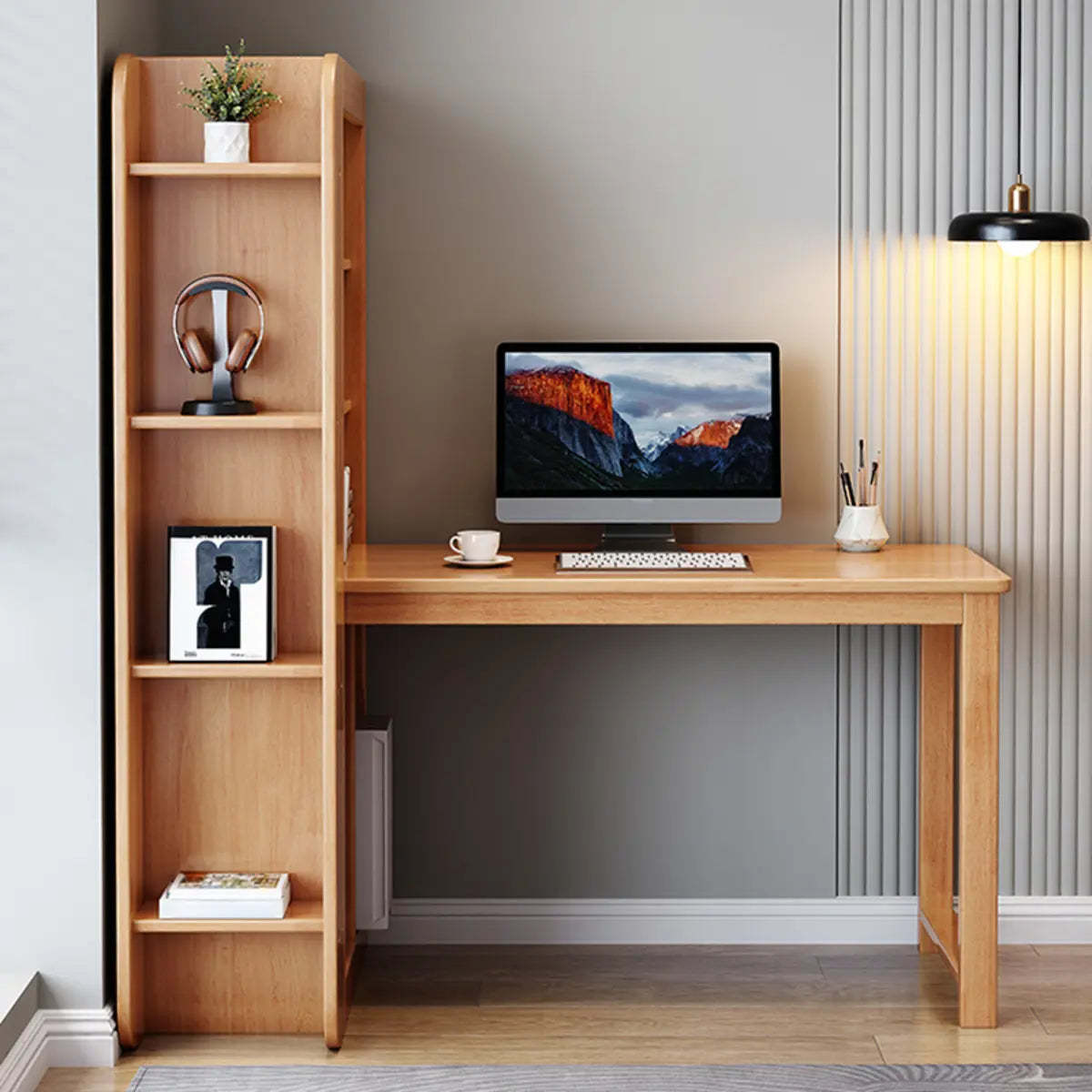 Natural Rubberwood Writing Desk with Side Storage — Without Chairs / Natural Finish
