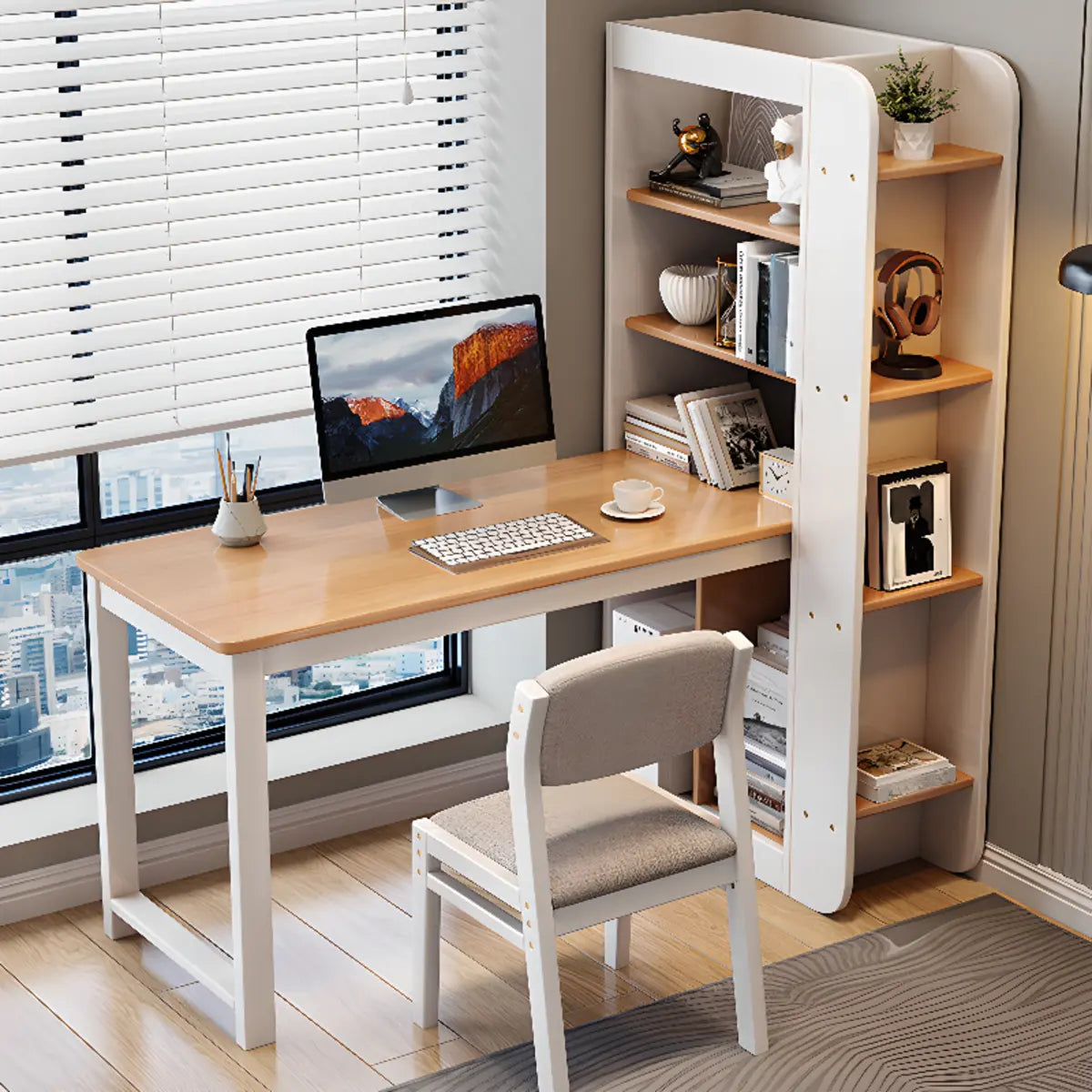 Natural Rubberwood Writing Desk with Side Storage — Without Chairs / Natural Finish