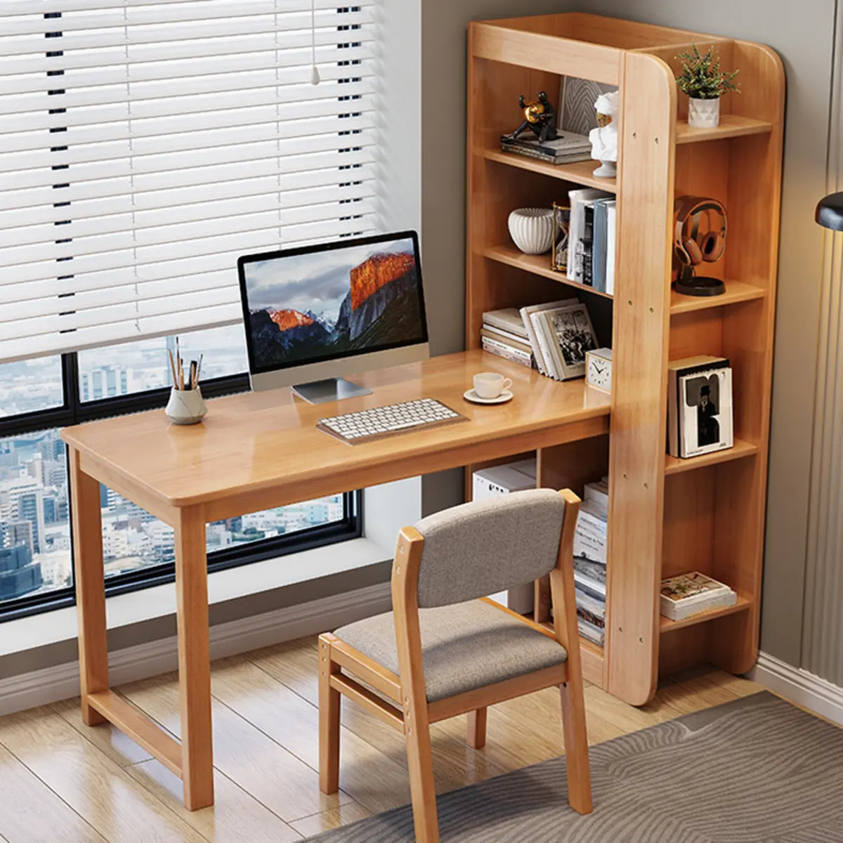 Natural Rubberwood Writing Desk with Side Storage — Without Chairs / Natural Finish