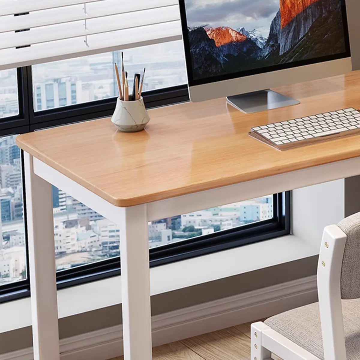 Natural Rubberwood Writing Desk with Side Storage — Without Chairs / White/ Wood